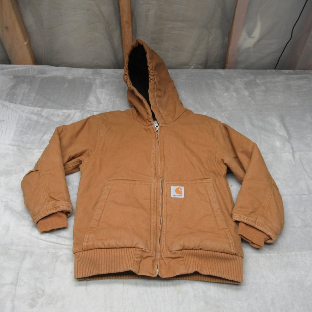 Carhartt Jacket Kids Small 7-8 Brown Canvas Insulated Quilt Lined Hooded Toddler